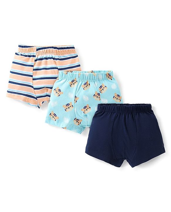 Babyhug 100% Cotton Trunks Stripes & Tiger Print Pack of 3- Blue & Orange