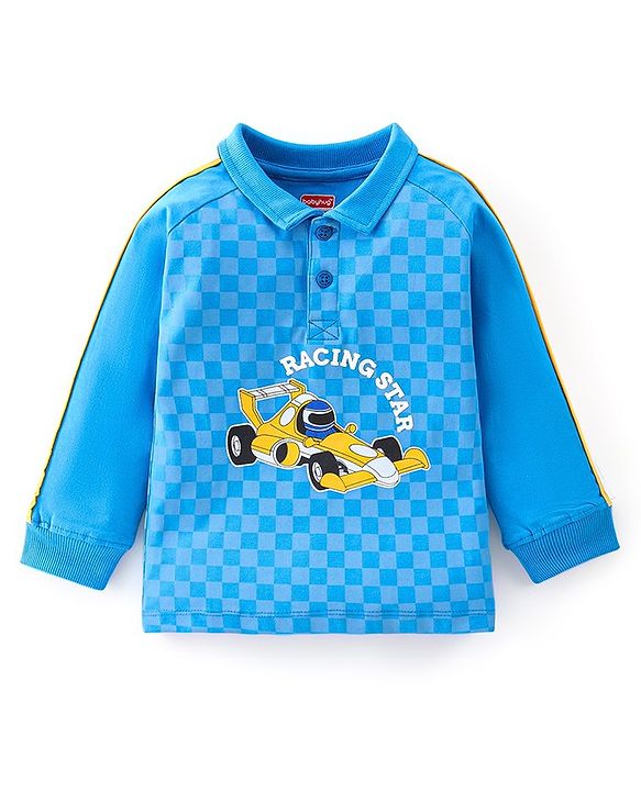 Babyhug 100% Cotton Knit Full Sleeves Polo T-Shirt with Checks & Car Graphics - Blue