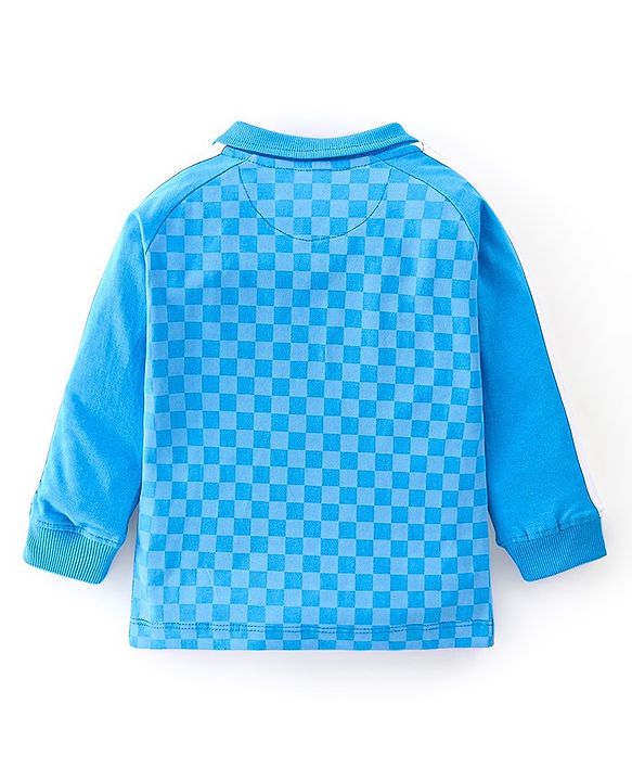Babyhug 100% Cotton Knit Full Sleeves Polo T-Shirt with Checks & Car Graphics - Blue
