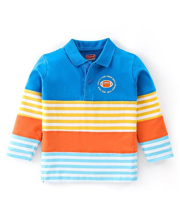 Babyhug Cotton Knit Full Sleeves Striped Polo T-Shirt with Cut & Sew Design - Multicolour