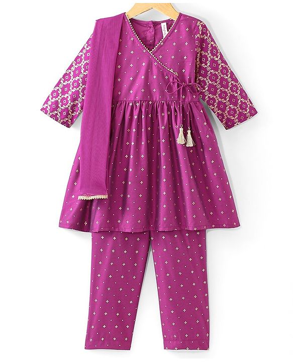 Babyhug Three Fourth Sleeves Foil Printed Kurti Pant and Dupatta - Fuchsia