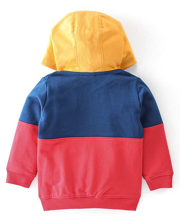 Babyhug 100% Cotton Knit Full Sleeves Cut & Sew Sweatjacket With Hood Text Applique Detailing - Red & Navy Blue