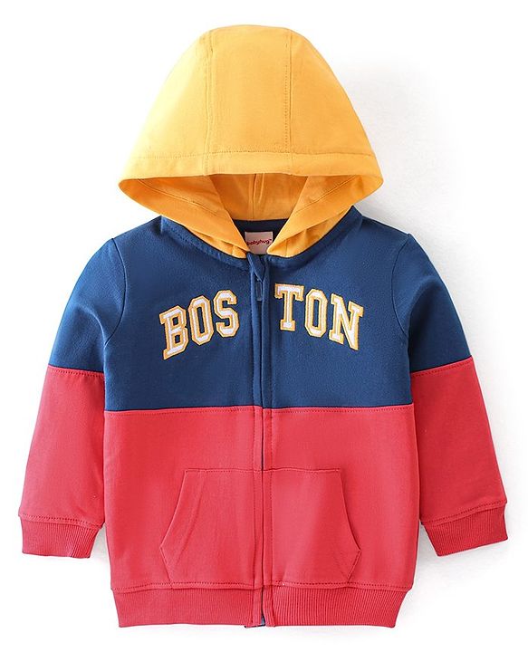 Babyhug 100% Cotton Knit Full Sleeves Cut & Sew Sweatjacket With Hood Text Applique Detailing - Red & Navy Blue