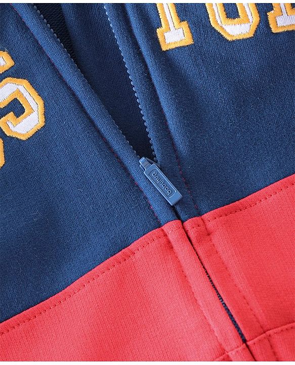 Babyhug 100% Cotton Knit Full Sleeves Cut & Sew Sweatjacket With Hood Text Applique Detailing - Red & Navy Blue