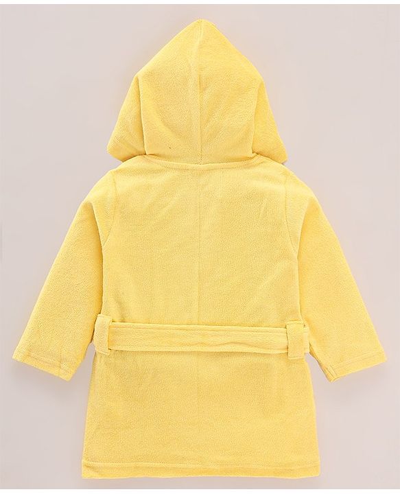 Babyhug Cotton Terry Knit Full Sleeves Hooded Bath Robe Dino Embroidery - Yellow