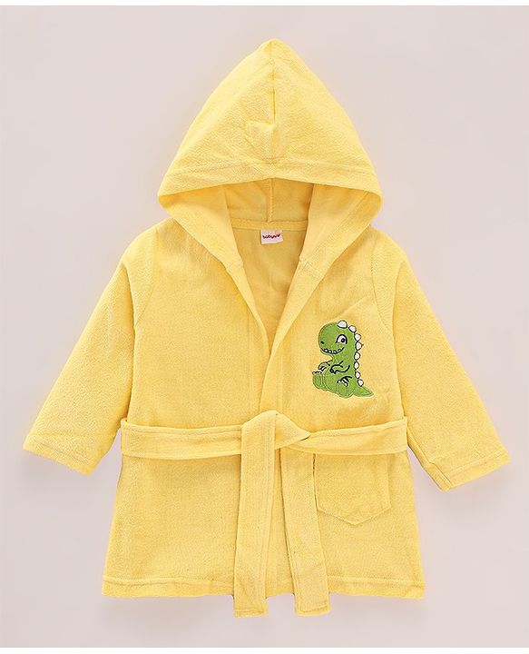 Babyhug Cotton Terry Knit Full Sleeves Hooded Bath Robe Dino Embroidery - Yellow