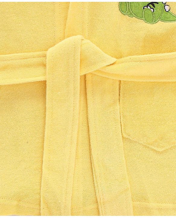 Babyhug Cotton Terry Knit Full Sleeves Hooded Bath Robe Dino Embroidery - Yellow