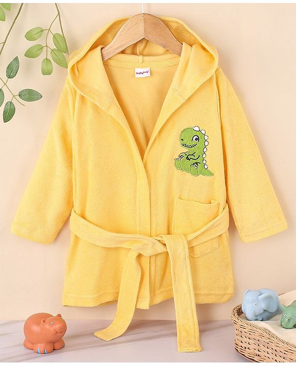 Babyhug Cotton Terry Knit Full Sleeves Hooded Bath Robe Dino Embroidery - Yellow