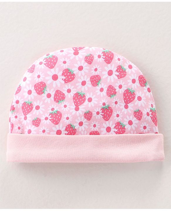 Babyhug 100% Cotton Interlock Knit Cap Mittens & Booties Set with Strawberry Print - Pink