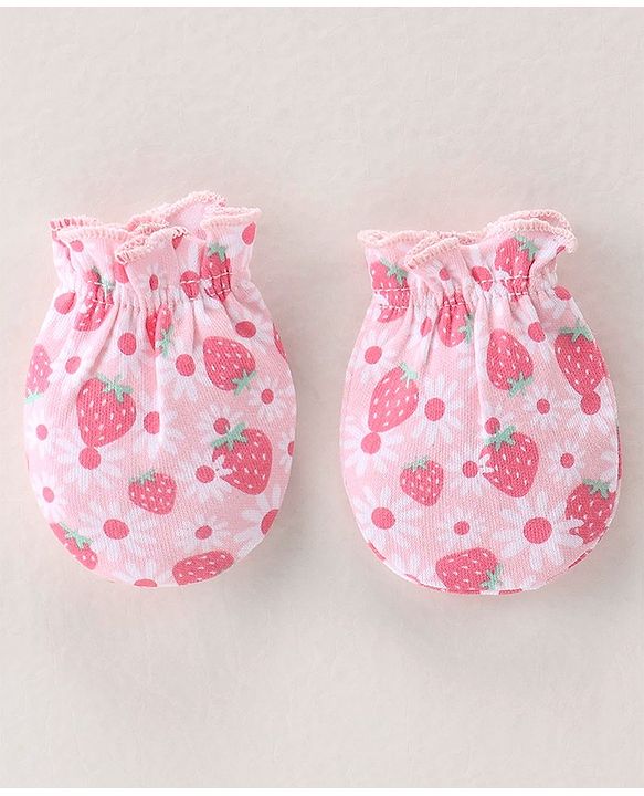 Babyhug 100% Cotton Interlock Knit Cap Mittens & Booties Set with Strawberry Print - Pink