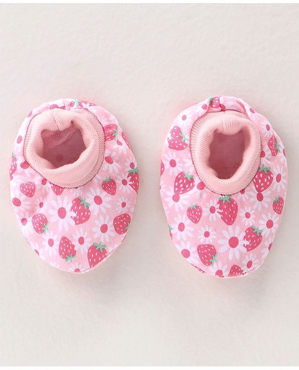 Babyhug 100% Cotton Interlock Knit Cap Mittens & Booties Set with Strawberry Print - Pink
