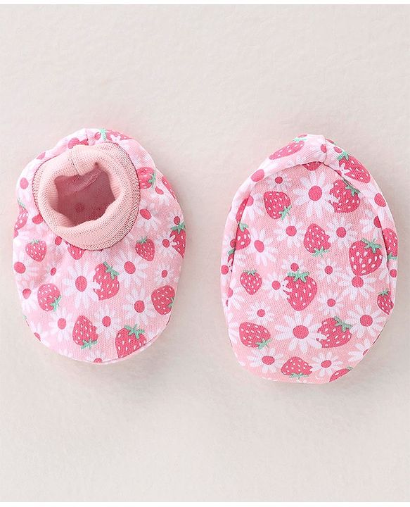Babyhug 100% Cotton Interlock Knit Cap Mittens & Booties Set with Strawberry Print - Pink