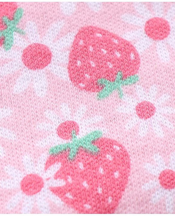 Babyhug 100% Cotton Interlock Knit Cap Mittens & Booties Set with Strawberry Print - Pink