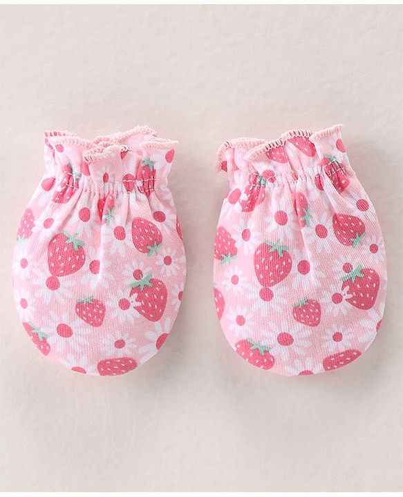 Babyhug 100% Cotton Interlock Knit Cap Mittens & Booties Set with Strawberry Print - Pink
