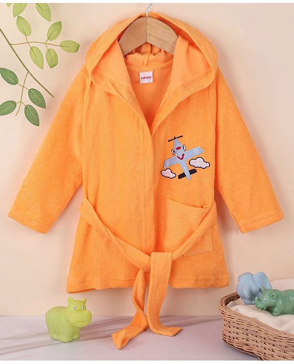 Babyhug Terry Knit Full Sleeves Hooded Bath Robe Airplane Design - Yellow
