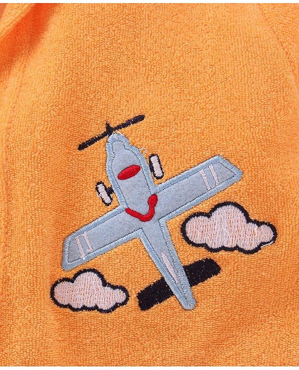 Babyhug Terry Knit Full Sleeves Hooded Bath Robe Airplane Design - Yellow