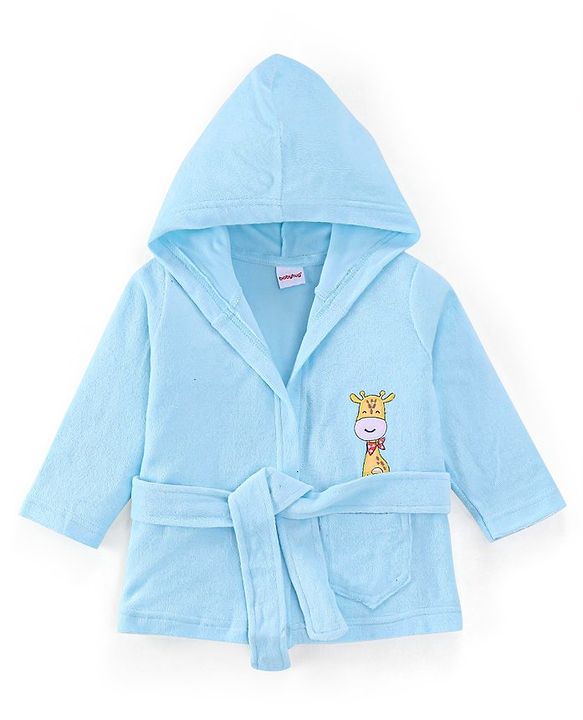Babyhug Cotton Knit Full Sleeves Hooded Bath Robe with Giraffe Applique - Blue