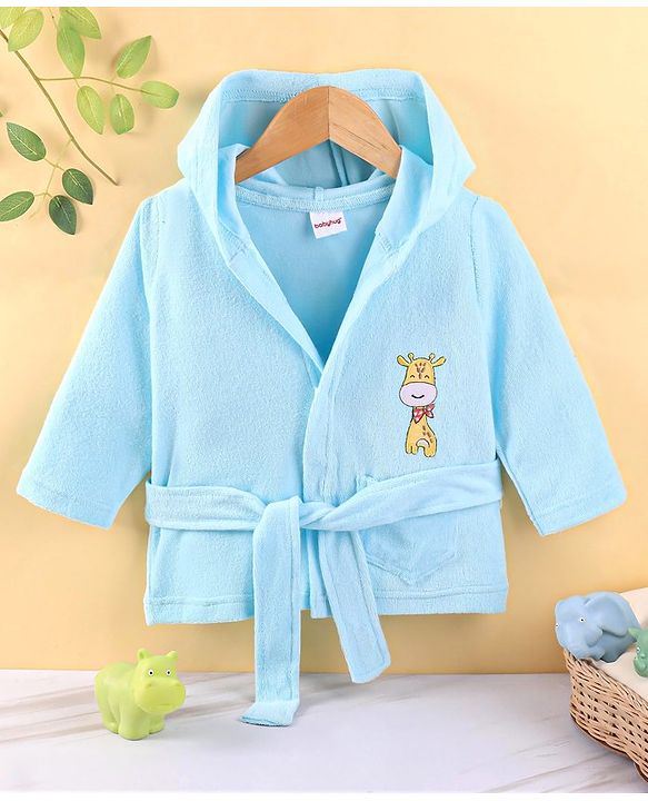 Babyhug Cotton Knit Full Sleeves Hooded Bath Robe with Giraffe Applique - Blue