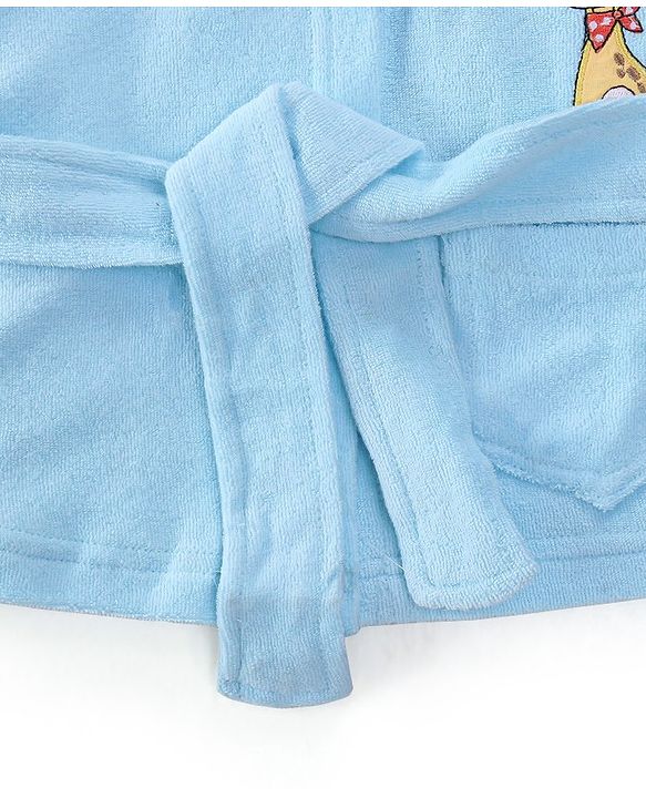 Babyhug Cotton Knit Full Sleeves Hooded Bath Robe with Giraffe Applique - Blue