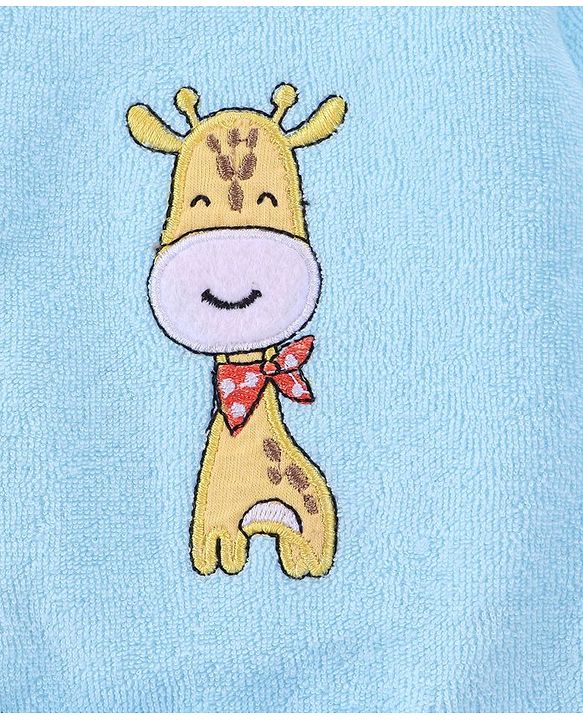 Babyhug Cotton Knit Full Sleeves Hooded Bath Robe with Giraffe Applique - Blue