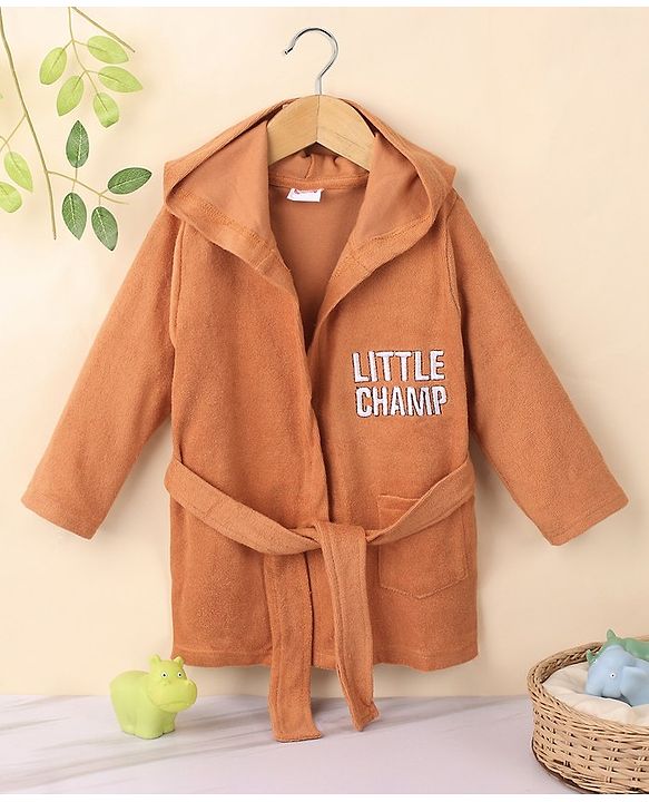 Babyhug Terry Knit Full Sleeves Hooded Bath Robe Text Design - Brown