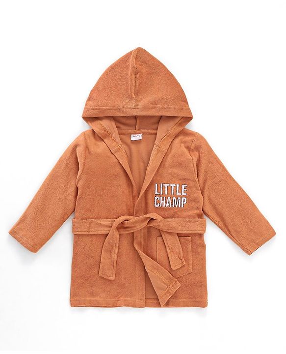 Babyhug Terry Knit Full Sleeves Hooded Bath Robe Text Design - Brown