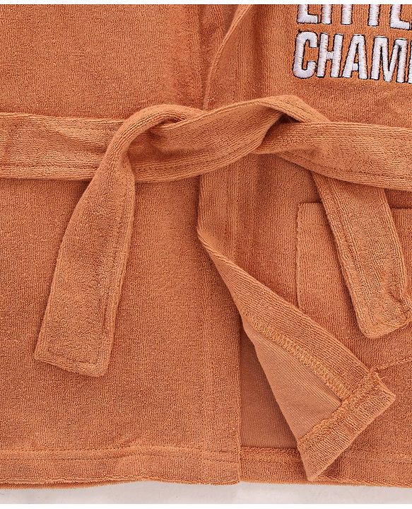 Babyhug Terry Knit Full Sleeves Hooded Bath Robe Text Design - Brown