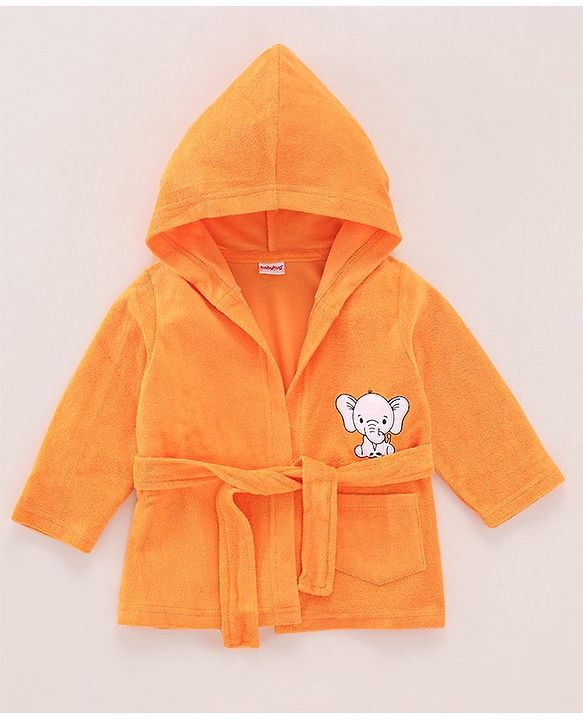 Babyhug Full Sleeves Bath Robe with Hood Elephant Patch - Orange