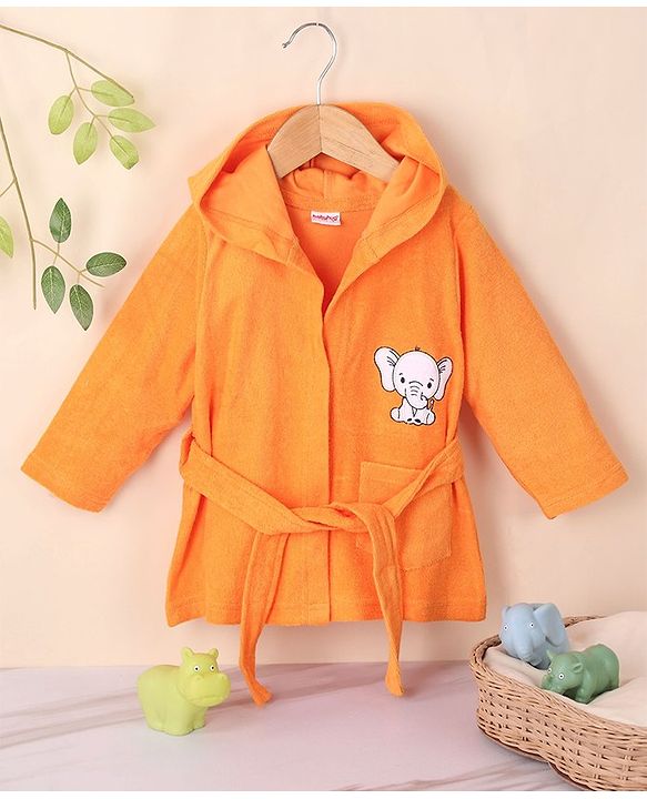 Babyhug Full Sleeves Bath Robe with Hood Elephant Patch - Orange