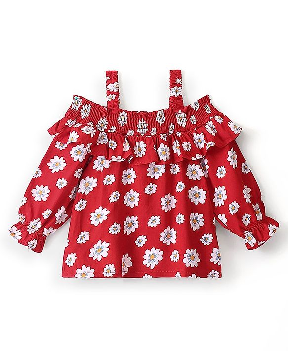Babyhug Rayon Woven Off Shoulder Full Sleeves Floral Printed & Frill Detailing Top - Red