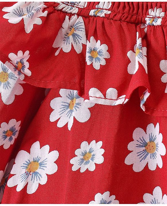 Babyhug Rayon Woven Off Shoulder Full Sleeves Floral Printed & Frill Detailing Top - Red