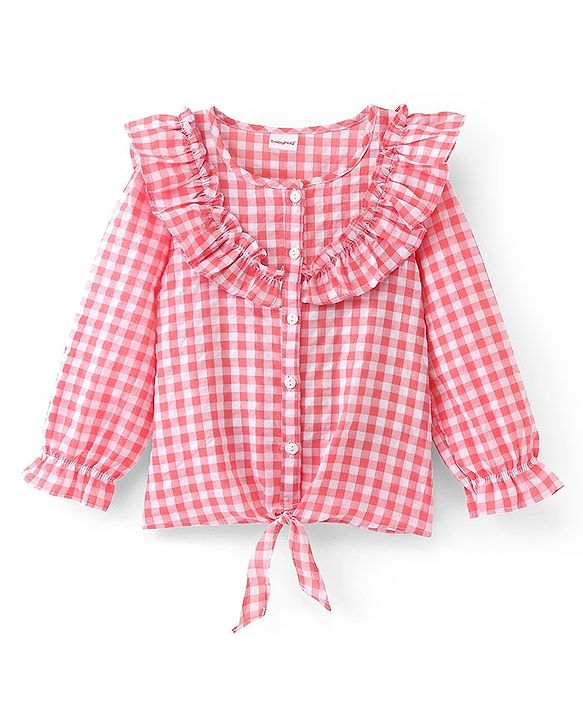 Babyhug Seer Sucker Full Sleeves Frill Detailing Checks Top - Light Pink