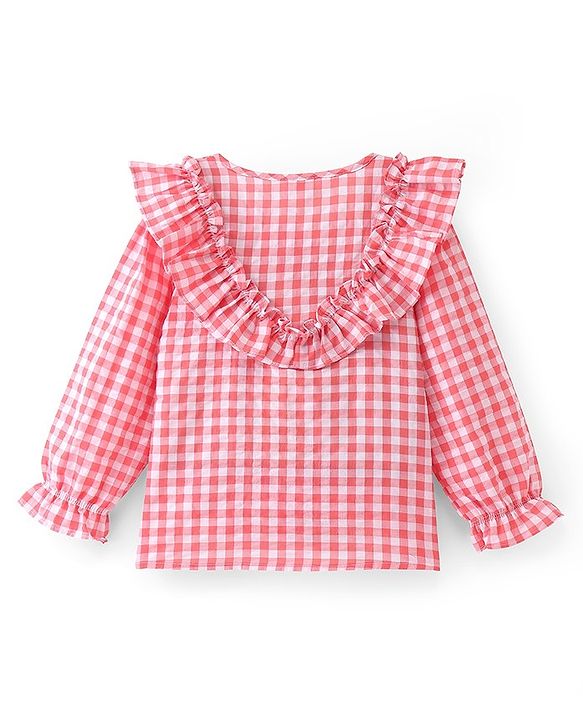 Babyhug Seer Sucker Full Sleeves Frill Detailing Checks Top - Light Pink