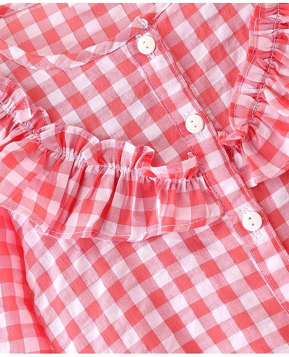 Babyhug Seer Sucker Full Sleeves Frill Detailing Checks Top - Light Pink