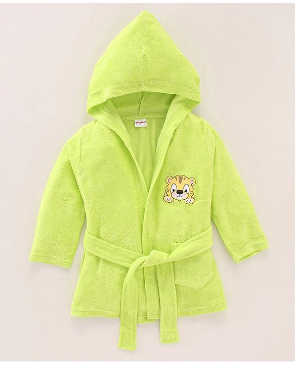 Babyhug Full Sleeves Bath Robe with Hood Tiger Patch - Green