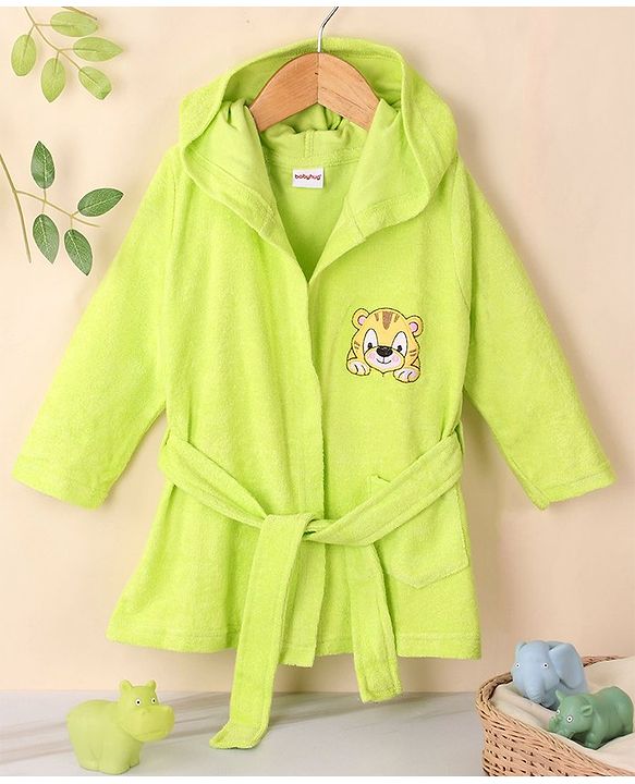 Babyhug Full Sleeves Bath Robe with Hood Tiger Patch - Green