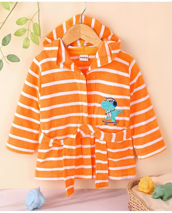 Babyhug Cotton Knit Full Sleeves Hooded Bath Robe Dino Design - Orange