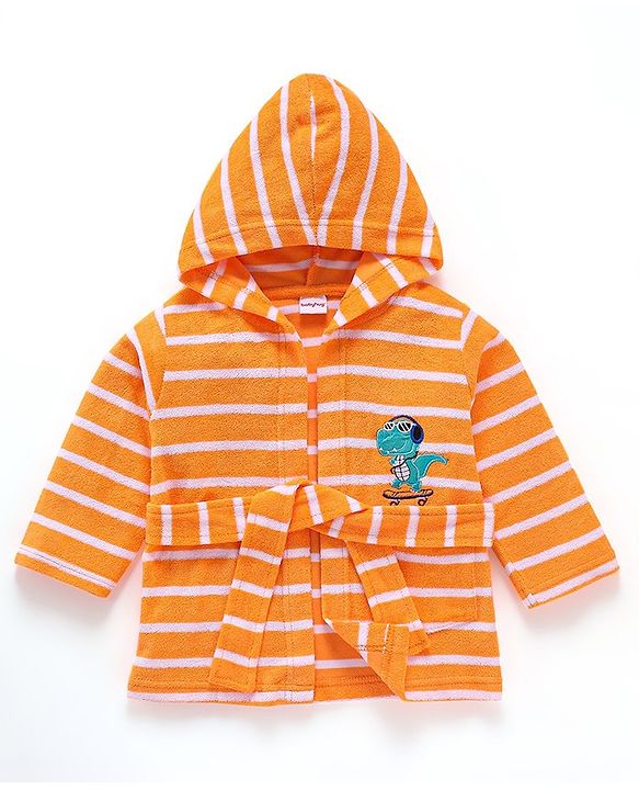 Babyhug Cotton Knit Full Sleeves Hooded Bath Robe Dino Design - Orange