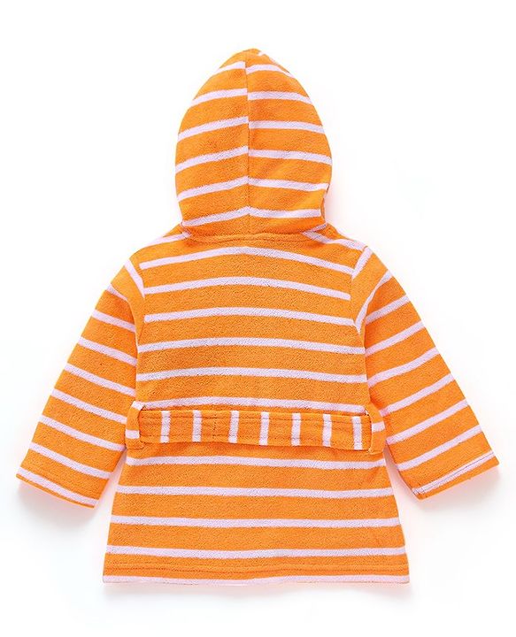 Babyhug Cotton Knit Full Sleeves Hooded Bath Robe Dino Design - Orange
