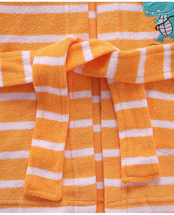 Babyhug Cotton Knit Full Sleeves Hooded Bath Robe Dino Design - Orange