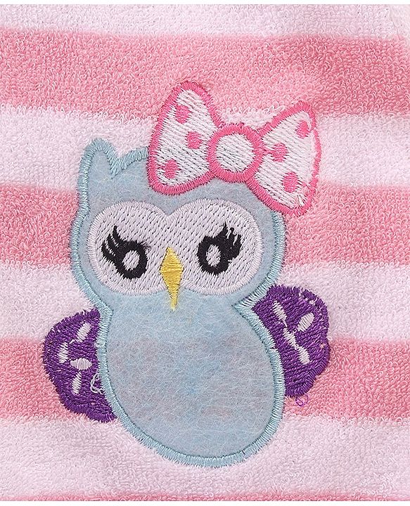 Babyhug Cotton Terry Knit Full Sleeves Hooded Bath Robe Stripes & Owl Design - Pink & White