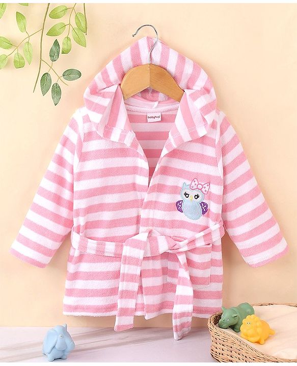 Babyhug Cotton Terry Knit Full Sleeves Hooded Bath Robe Stripes & Owl Design - Pink & White