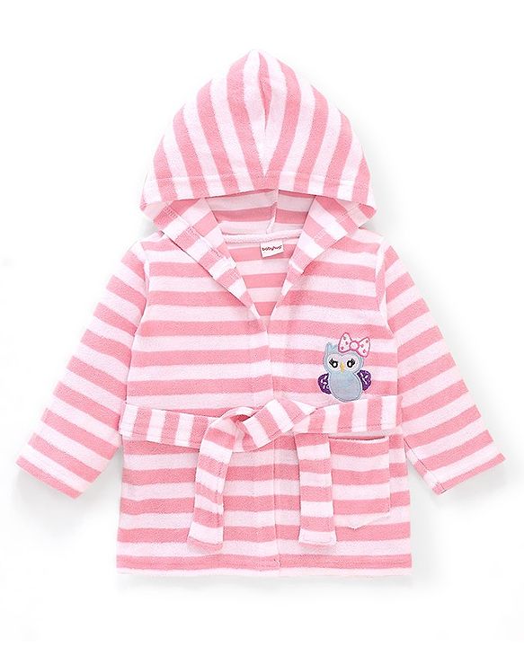 Babyhug Cotton Terry Knit Full Sleeves Hooded Bath Robe Stripes & Owl Design - Pink & White