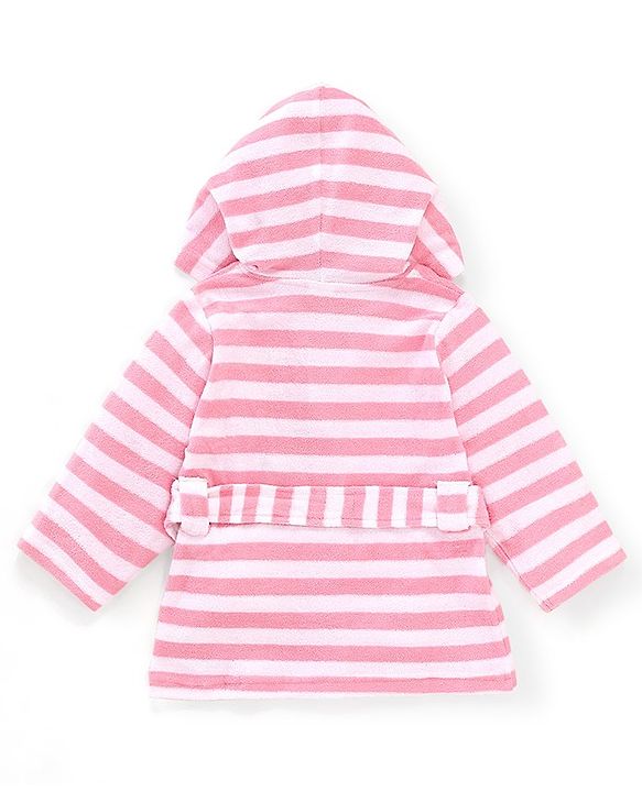 Babyhug Cotton Terry Knit Full Sleeves Hooded Bath Robe Stripes & Owl Design - Pink & White