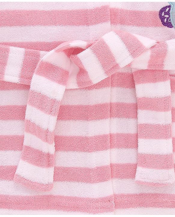 Babyhug Cotton Terry Knit Full Sleeves Hooded Bath Robe Stripes & Owl Design - Pink & White