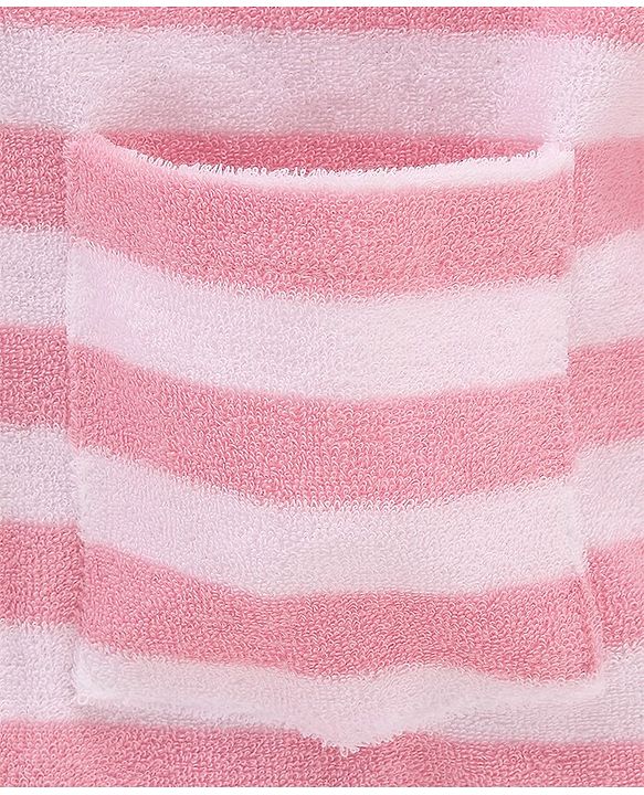 Babyhug Cotton Terry Knit Full Sleeves Hooded Bath Robe Stripes & Owl Design - Pink & White