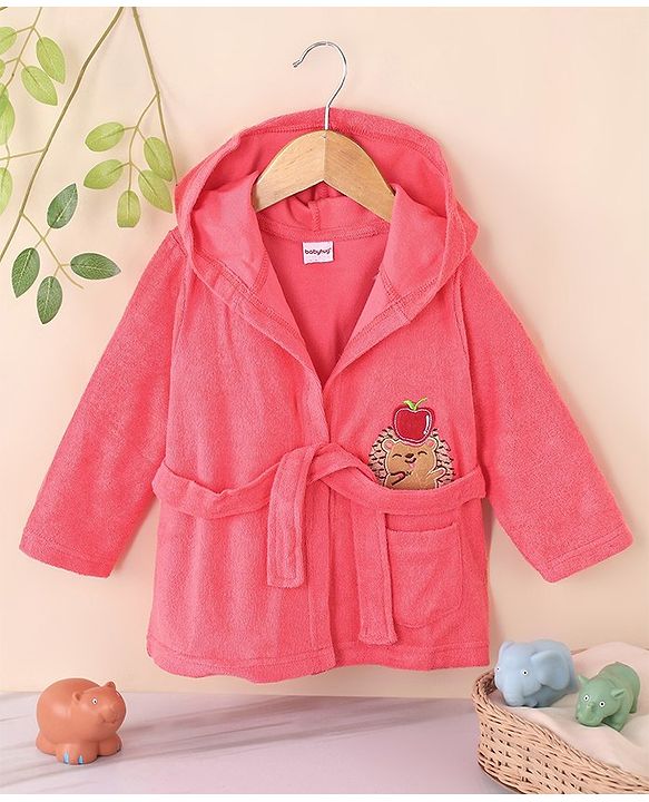 Babyhug Cotton Knit Full Sleeves Hooded Bath Robe Hedgehog Design - Red