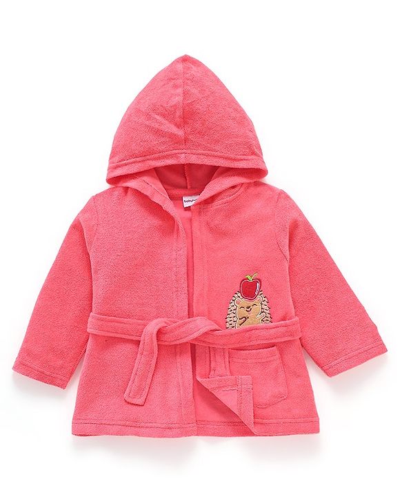 Babyhug Cotton Knit Full Sleeves Hooded Bath Robe Hedgehog Design - Red