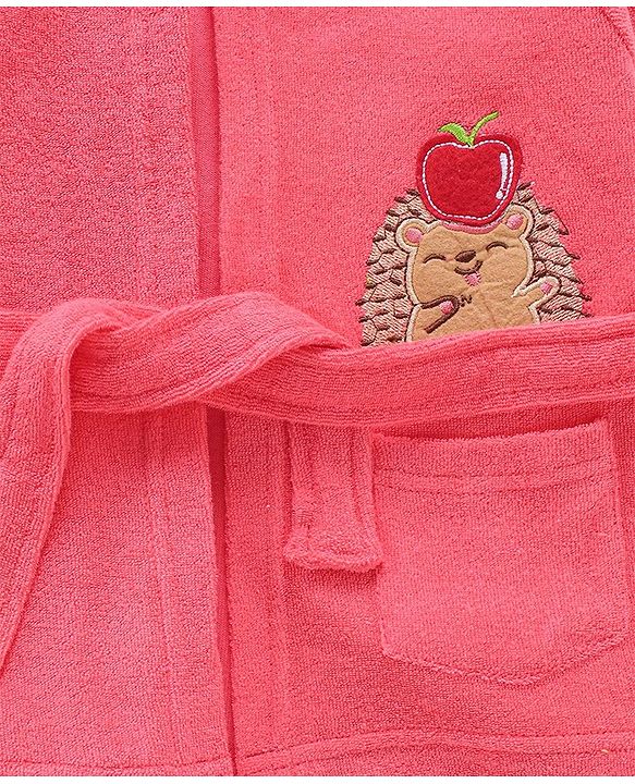 Babyhug Cotton Knit Full Sleeves Hooded Bath Robe Hedgehog Design - Red