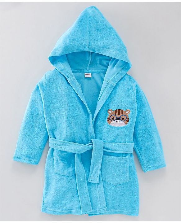 Babyhug Terry Knit Full Sleeves Hooded Bath Robe Tiger Design - Blue